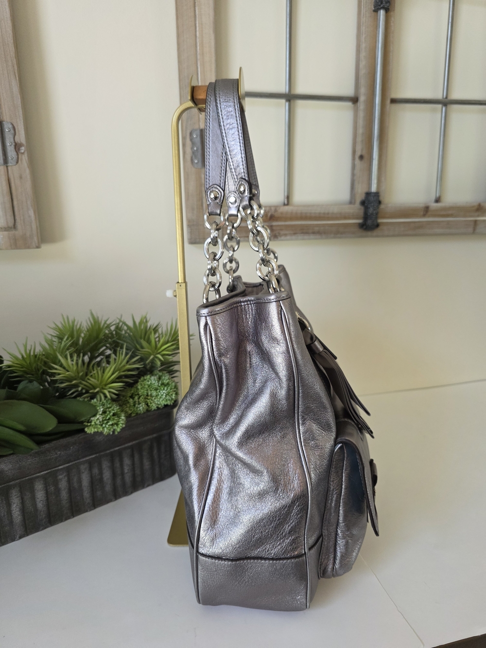 Coach Poppy Pushlock Metallic Leather Tote Y2K Silver Gray - Picture 7 of 16